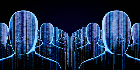 Geometrical men faces with binary code - 3D illustration