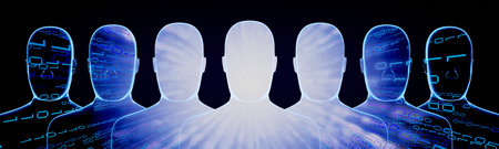 Geometrical men faces with binary code - 3D illustrationの写真素材