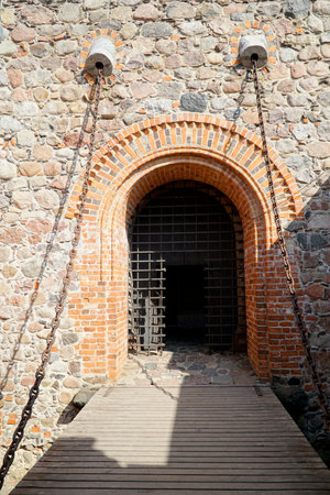 Trakai, Lithuania - September 11th, 2023 - Medieval castle - entrance gate to upper palaceのeditorial素材