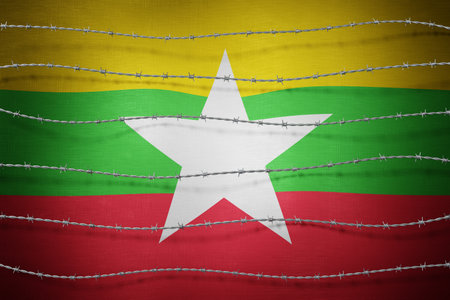 Myanmar flag and barbed wire - 3d illustrationの写真素材