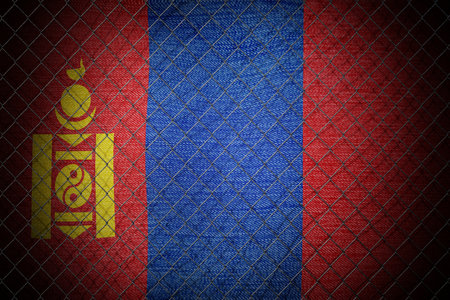 Mongolia flag and wire mesh fence - 3d illustrationの写真素材