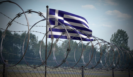 Barbed wire fence and flag of Greece - 3d illustration