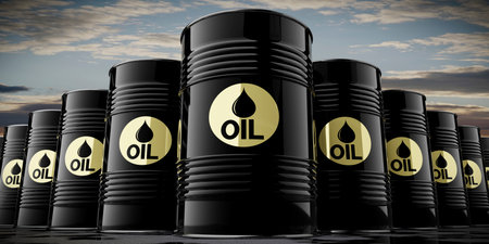 Many black oil barrels - 3D illustrationの写真素材