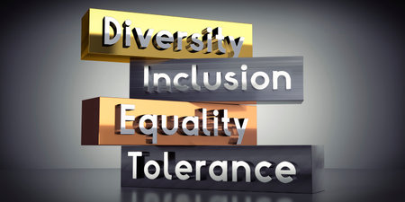 Diversity, inclusion, equality, tolerance - words on metal blocks - 3D illustrationの写真素材