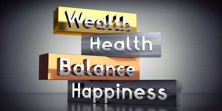 Wealth, health, balance, happiness - words on metal blocks - 3D illustration