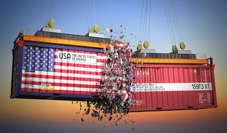 Cargo containers with flags of USA and Latvia - 3D illustrationの写真素材