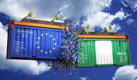 Cargo containers with flags of European Union and Nigeria - 3D illustrationの写真素材