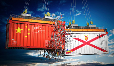 Cargo containers with flags of China and Jersey - 3D illustration