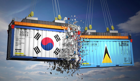 Cargo containers with flags of South Korea and Saint Lucia - 3D illustration