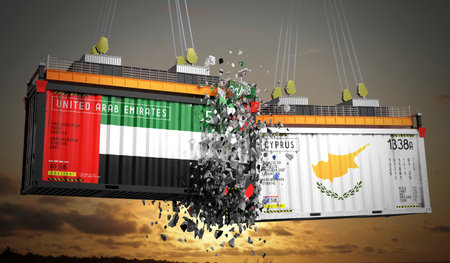 Cargo containers with flags of United Arab Emirates and Cyprus - 3D illustration