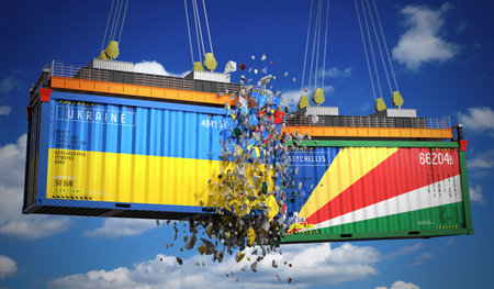Cargo containers with flags of Ukraine and Seychelles - 3D illustration