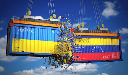 Cargo containers with flags of Ukraine and Venezuela - 3D illustrationの写真素材