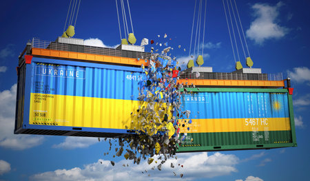 Cargo containers with flags of Ukraine and Rwanda - 3D illustrationの写真素材