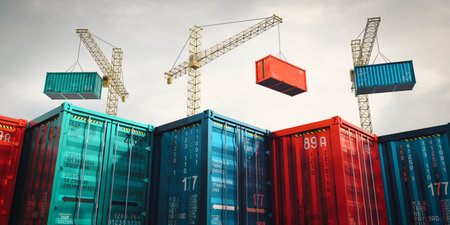 Shipping containers and cranes in cargo terminal - 3D illustration