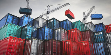 Shipping containers and cranes in cargo terminal - 3D illustrationの写真素材