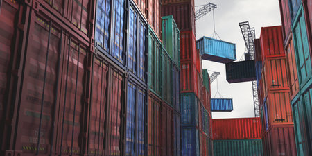Shipping containers and cranes in cargo terminal - 3D illustration