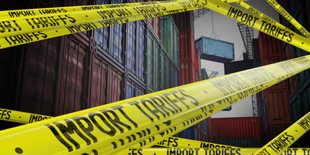 Import tariffs tapes and cargo containers - 3D illustrationの写真素材