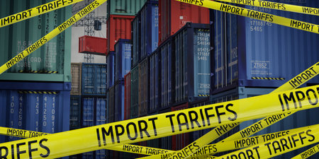 Import tariffs tapes and cargo containers - 3D illustrationの写真素材