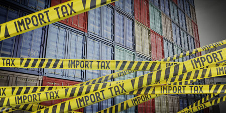 Import tax tapes and cargo containers - 3D illustration