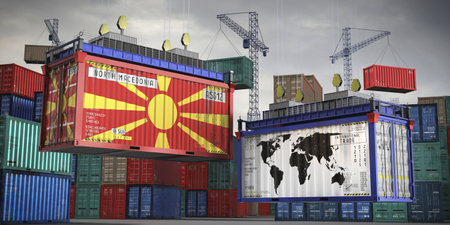 Flags of North Macedonia and world map on cargo containers - international trade concept - 3D...