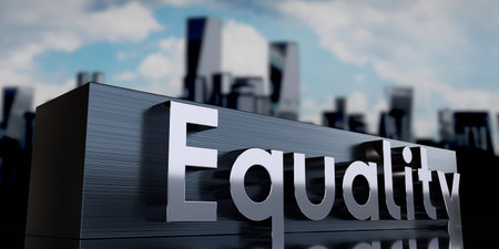 Equality - metal cuboid and skyscrapers - 3D illustrationの写真素材