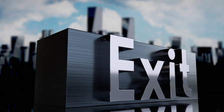 Exit - metal cuboid and skyscrapers - 3D illustration