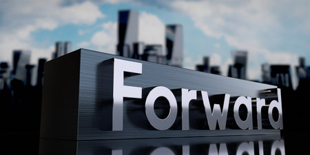 Forward - metal cuboid and skyscrapers - 3D illustrationの写真素材