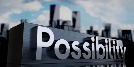 Possibility - metal cuboid and skyscrapers - 3D illustrationの写真素材