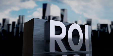 ROI, return on investment - metal cuboid and skyscrapers - 3D illustrationの写真素材