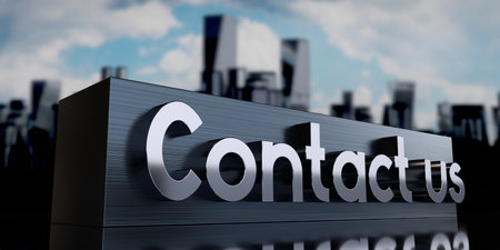 Contact us - metal cuboid and skyscrapers - 3D illustrationの写真素材