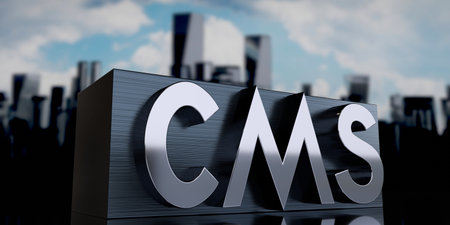CMS, content management system - metal cuboid and skyscrapers - 3D illustrationの写真素材