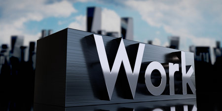 Work - metal cuboid and skyscrapers - 3D illustrationの写真素材