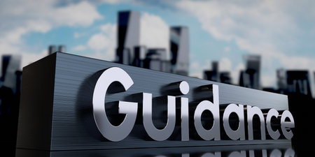 Guidance - metal cuboid and skyscrapers - 3D illustrationの写真素材