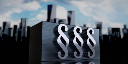 Paragraph signs - metal cuboid and skyscrapers - 3D illustrationの写真素材