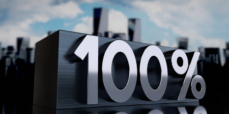 100 percent - metal cuboid and skyscrapers - 3D illustrationの写真素材