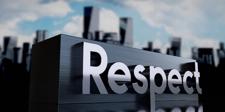 Respect - metal cuboid and skyscrapers - 3D illustrationの写真素材