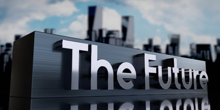 The future - metal cuboid and skyscrapers - 3D illustrationの写真素材