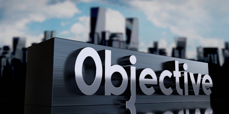 Objective - metal cuboid and skyscrapers - 3D illustrationの写真素材