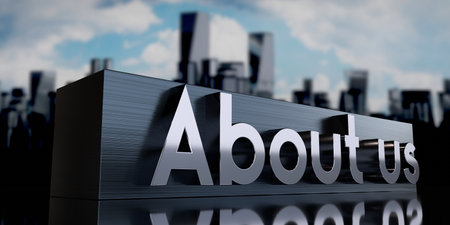 About us - metal cuboid and skyscrapers - 3D illustrationの写真素材