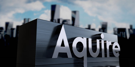 Acquire - metal cuboid and skyscrapers - 3D illustrationの写真素材