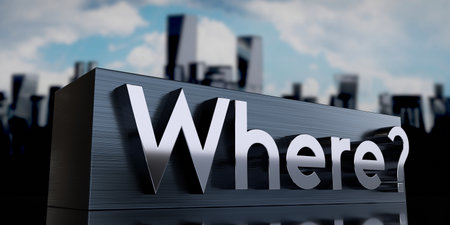 Where - metal cuboid and skyscrapers - 3D illustrationの写真素材