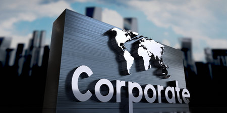 Corporate - metal cuboid, world map and skyscrapers - 3D illustrationの写真素材