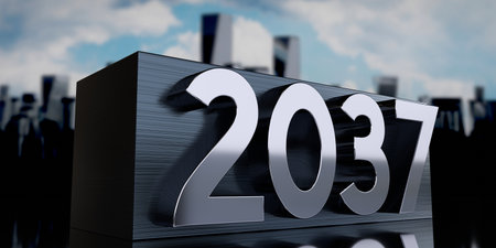 2037 - metal cuboid and skyscrapers - 3D illustrationの写真素材