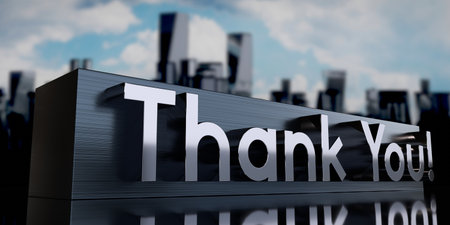 Thank you - metal cuboid and skyscrapers - 3D illustrationの写真素材