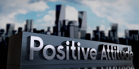 Positive attitude - metal cuboid and skyscrapers - 3D illustrationの写真素材
