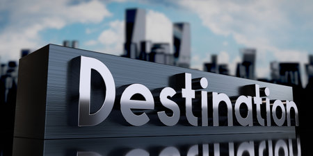 Destination - metal cuboid and skyscrapers - 3D illustrationの写真素材