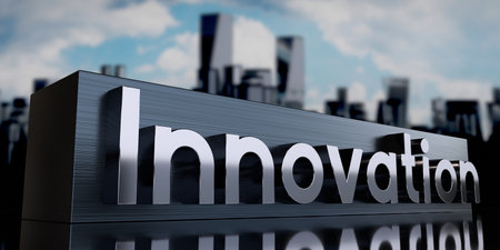 Innovation - metal cuboid and skyscrapers - 3D illustrationの写真素材