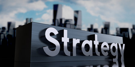 Strategy - metal cuboid and skyscrapers - 3D illustrationの写真素材