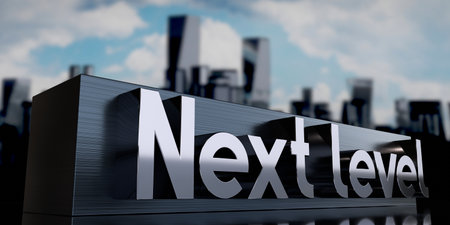 Next level - metal cuboid and skyscrapers - 3D illustrationの写真素材