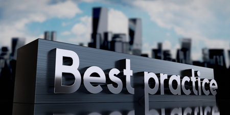 Best practice - metal cuboid and skyscrapers - 3D illustrationの写真素材